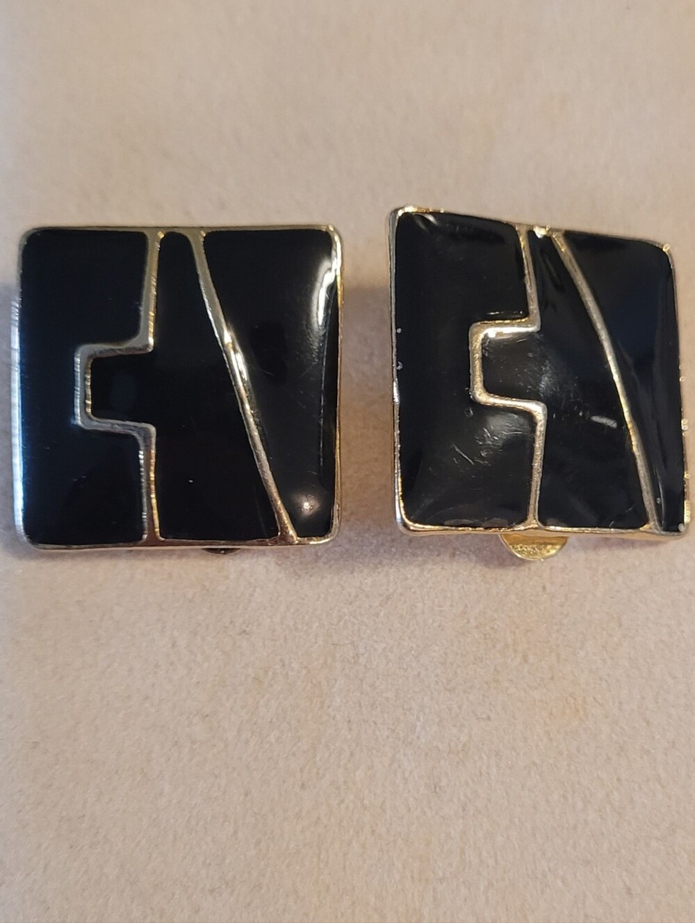 Vintage Black Enamel Gold Tone Geometric Clip-On Earrings